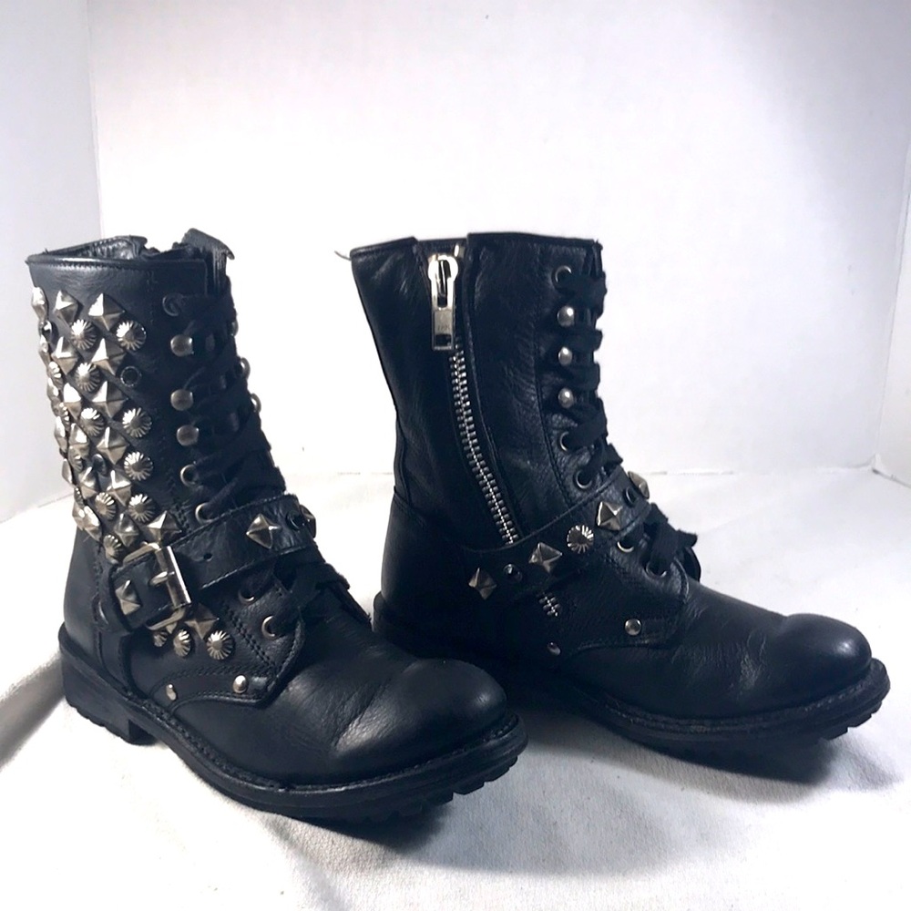 ASH Women’s Steam Punk Moto Silver Studded & Black Jeweled Leather Combat Boots